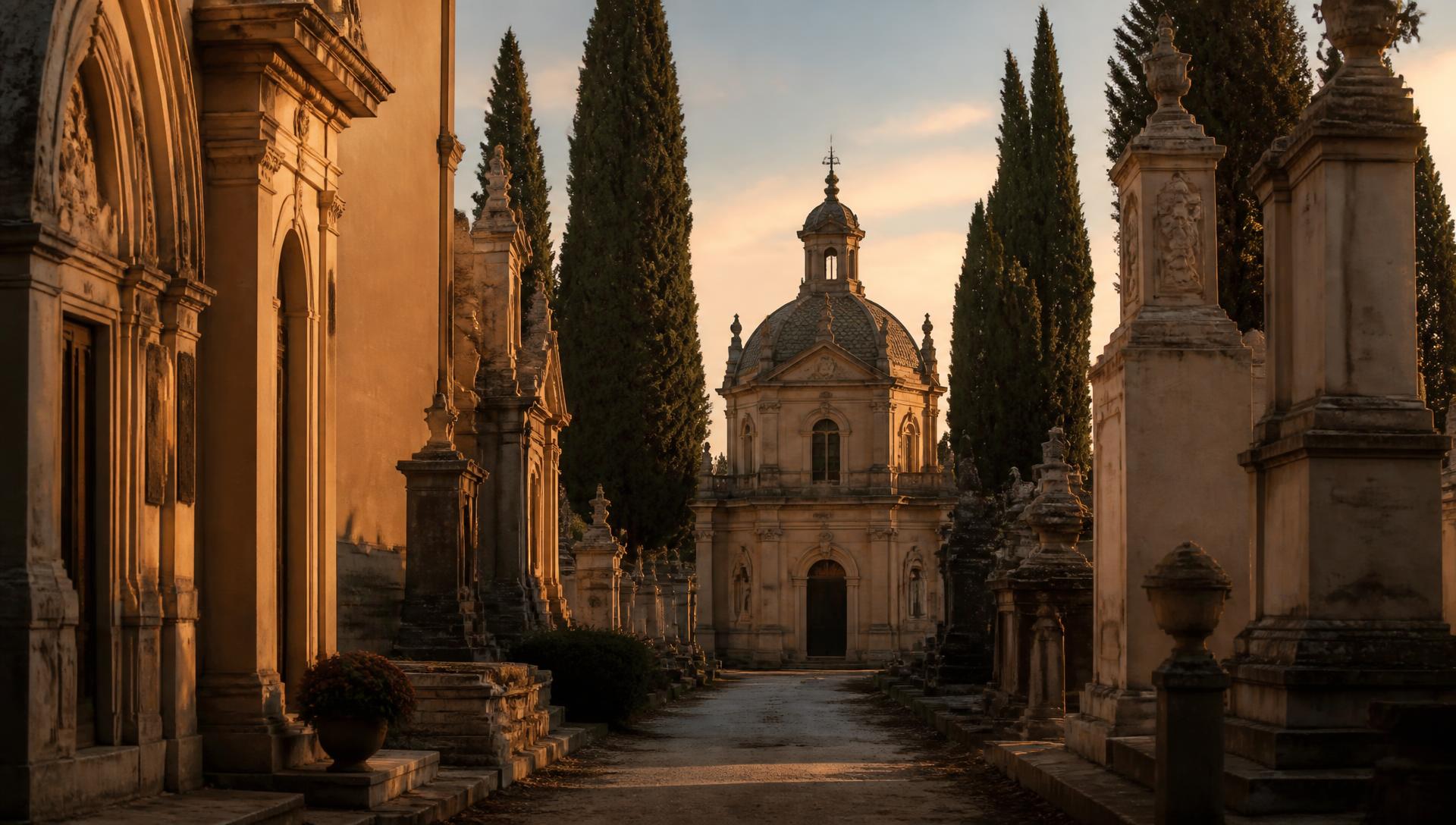 Allée de chapelles funéraires patrimoniales en lumière dorée